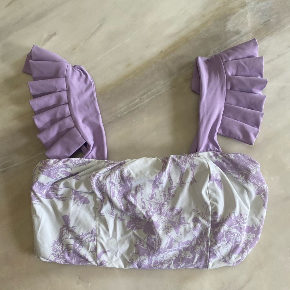 New Gapaz lavender Purple and White toile du joy Ruffled bikini top sz XS